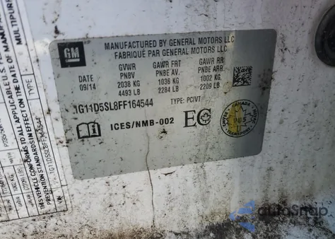 2015 Chevrolet Malibu 2Lt из США, поврежденный, VIN 1G11D5SL8FF164544